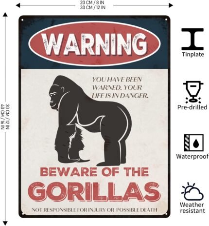 Beware of Gorillas 8x12in Vintage-Style Warning Sign for House, Outdoor, Club, Yard, Fence, Funny Animal Sign for Wall Art Decoration