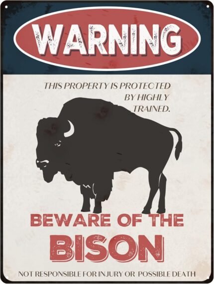 Beware of Bison 8x12in Vintage-Style Warning Sign for House, Outdoor, Club, Yard, Fence, Funny Animal Sign for Wall Art Decoration